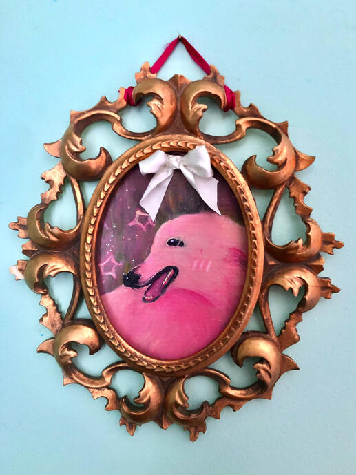 BORZOI - acrylic paint on cardboard, reused frame, ribbon